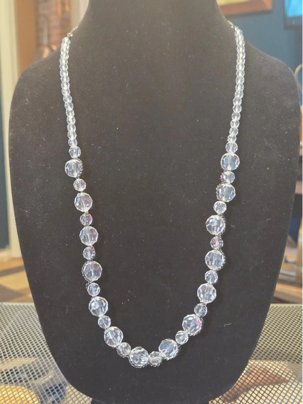 Vintage Graduated Faceted Clear Crystal Beaded Necklace with Silver Tone Chain